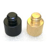 1/4" female to 3/8" male thread adapter (Left: Black Aluminium. Right: Brass)