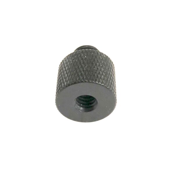 1/4" female to 3/8" male thread adapter. Black aluminium