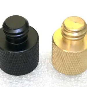 1/4" female to 3/8" male thread adapter (Left: Black Aluminium. Right: Brass)