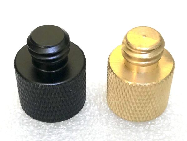 1/4" female to 3/8" male thread adapter (Left: Black Aluminium. Right: Brass)